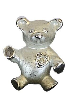 Vintage Signed Gigi Giusti Teddy Bear Pin Brooch Heart Matte Silver Tone
